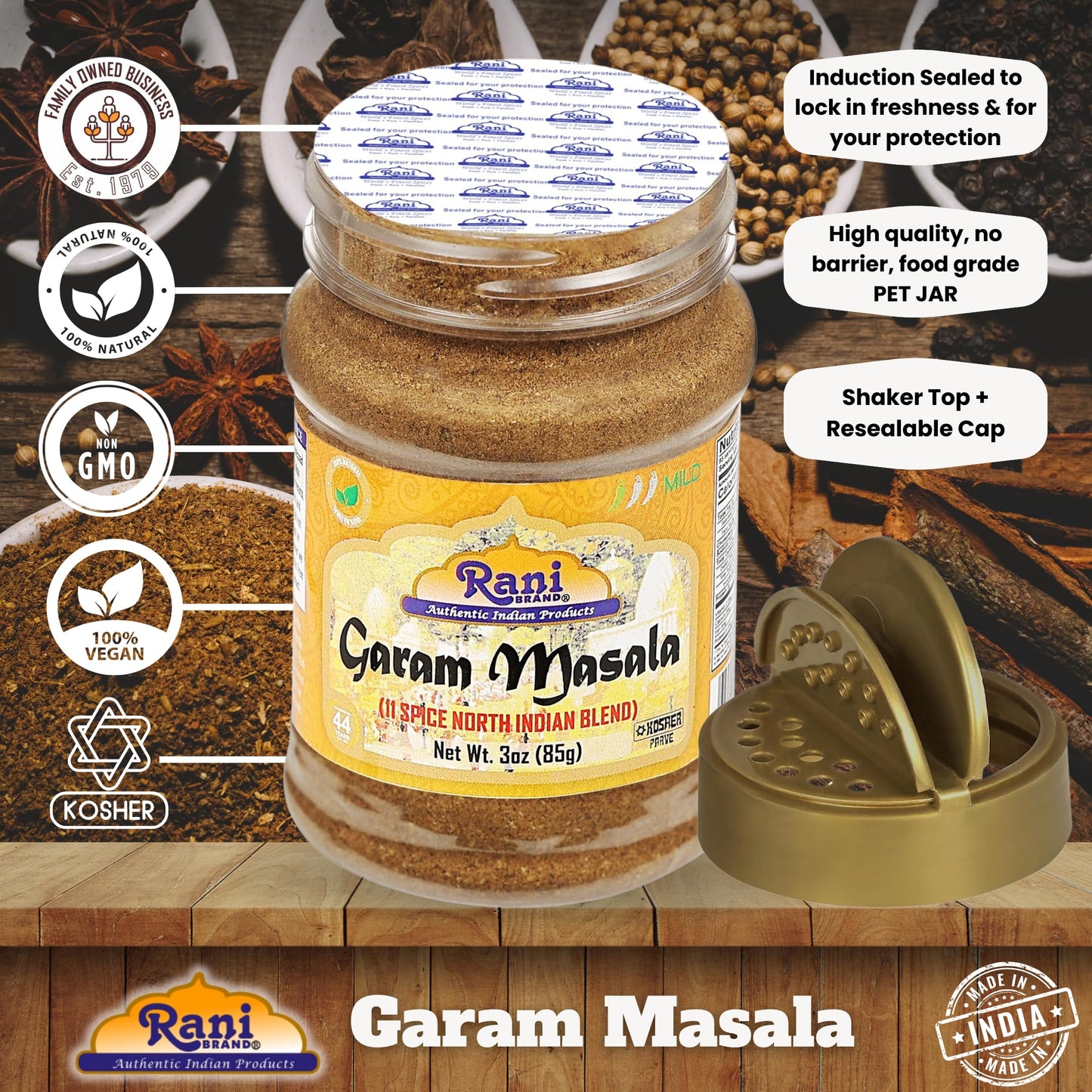 Rani Garam Masala 11-Spice Blend 3oz PET Jar - All Natural, Salt-Free, Vegan, Gluten Friendly, Non-GMO, Kosher