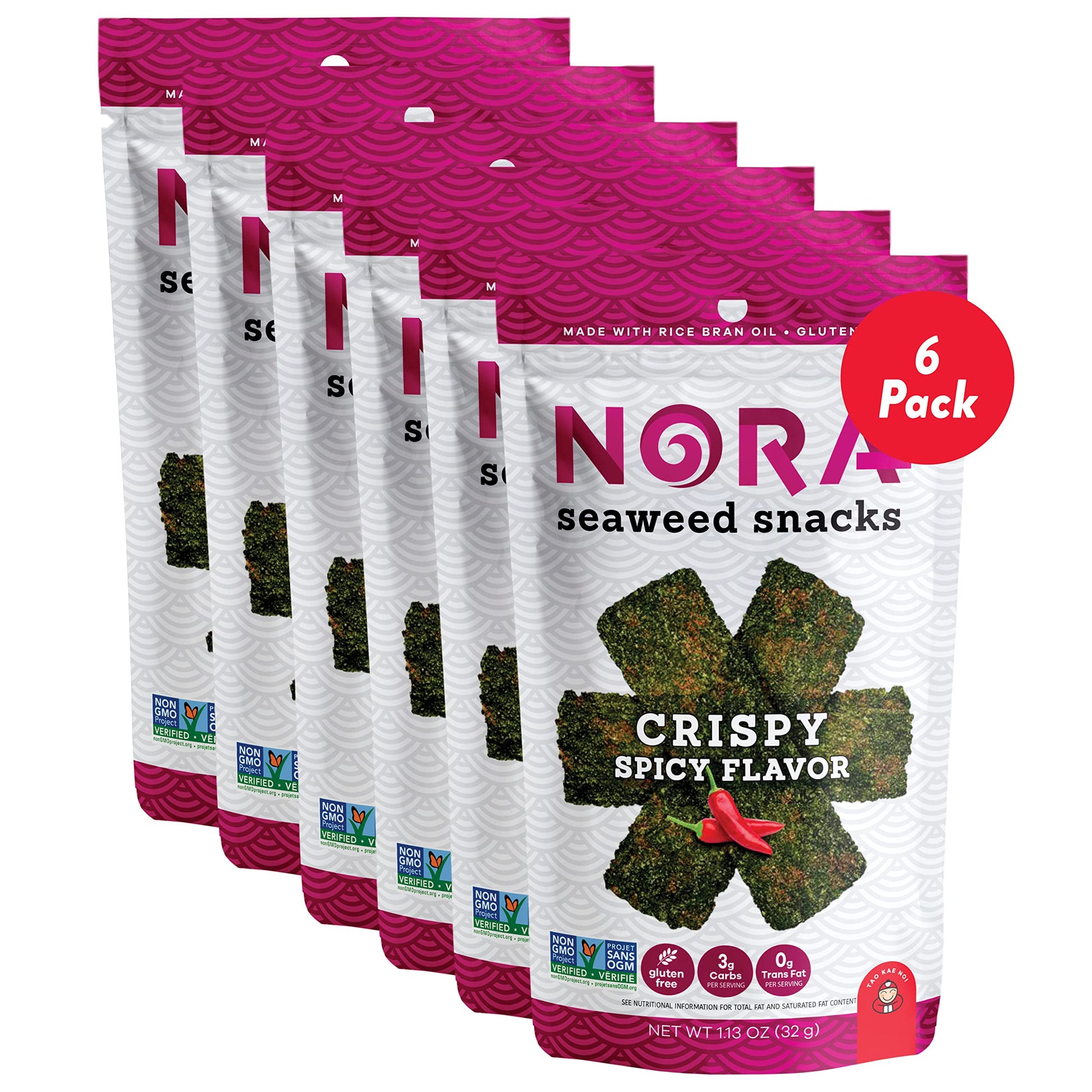 Crispy Spicy Seaweed Snacks By Nora | Low-Carb Asian Snack | Vegan, Gluten Free, Non Gmo Verified | 6-Pack
