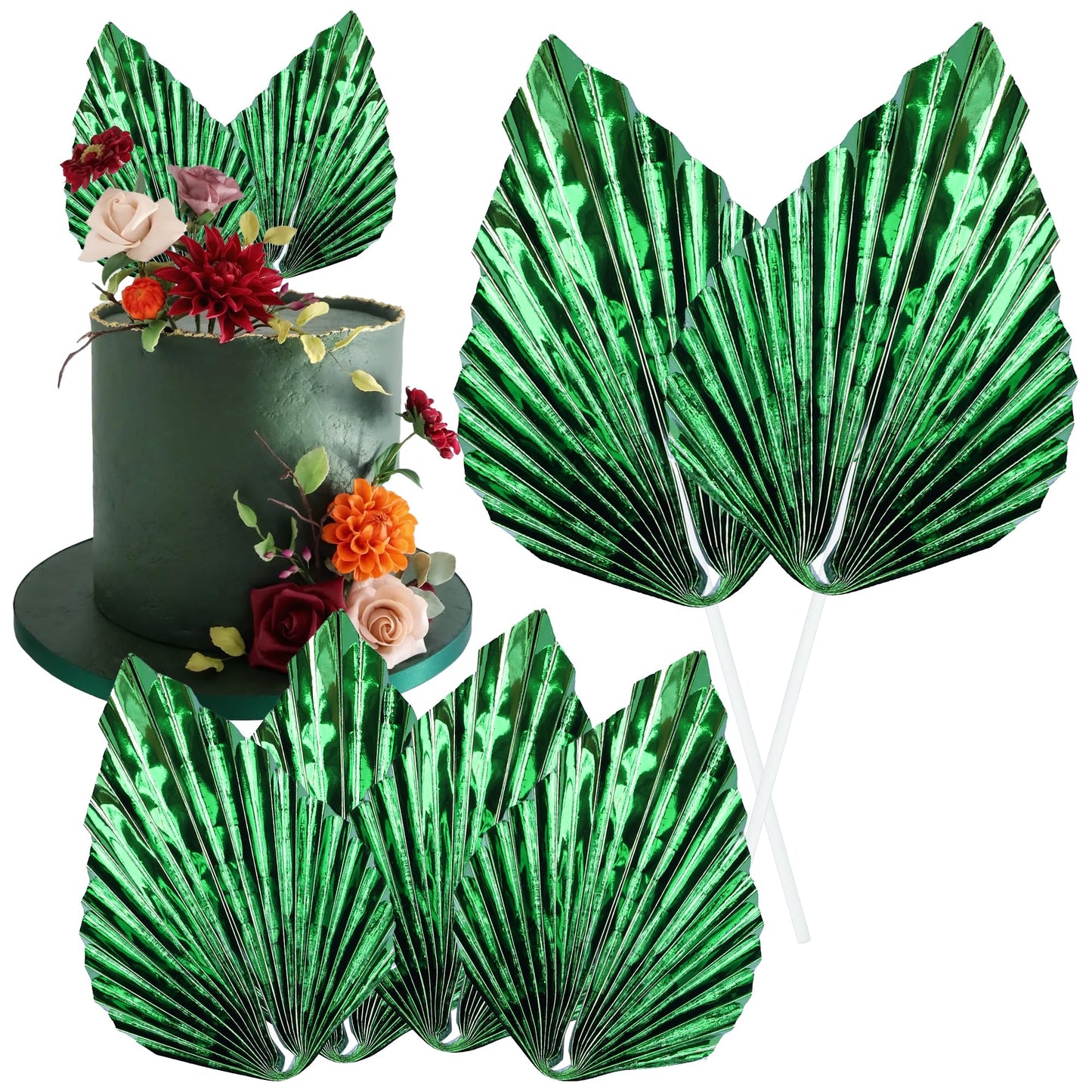 Gyufise Paper Palm Fan Cake Toppers, 6Pcs Light Green, W 4.7 x H 5.1 inches, Model ZN0680-11, for Birthday &