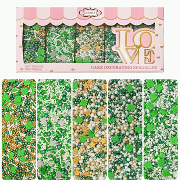 Confect St. Patricks Green, Gold, Silver & White Clover Sprinkles Mix | Birthday Sprinkles | Leaf Sprinkles | Sprinkles for Baki