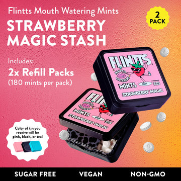 Flintts Mints Strawberry Stash (2X Refill Strawberry Magic) - Sugar Free & Vegan, Mouth Watering Breath Freshener Mints For Oral