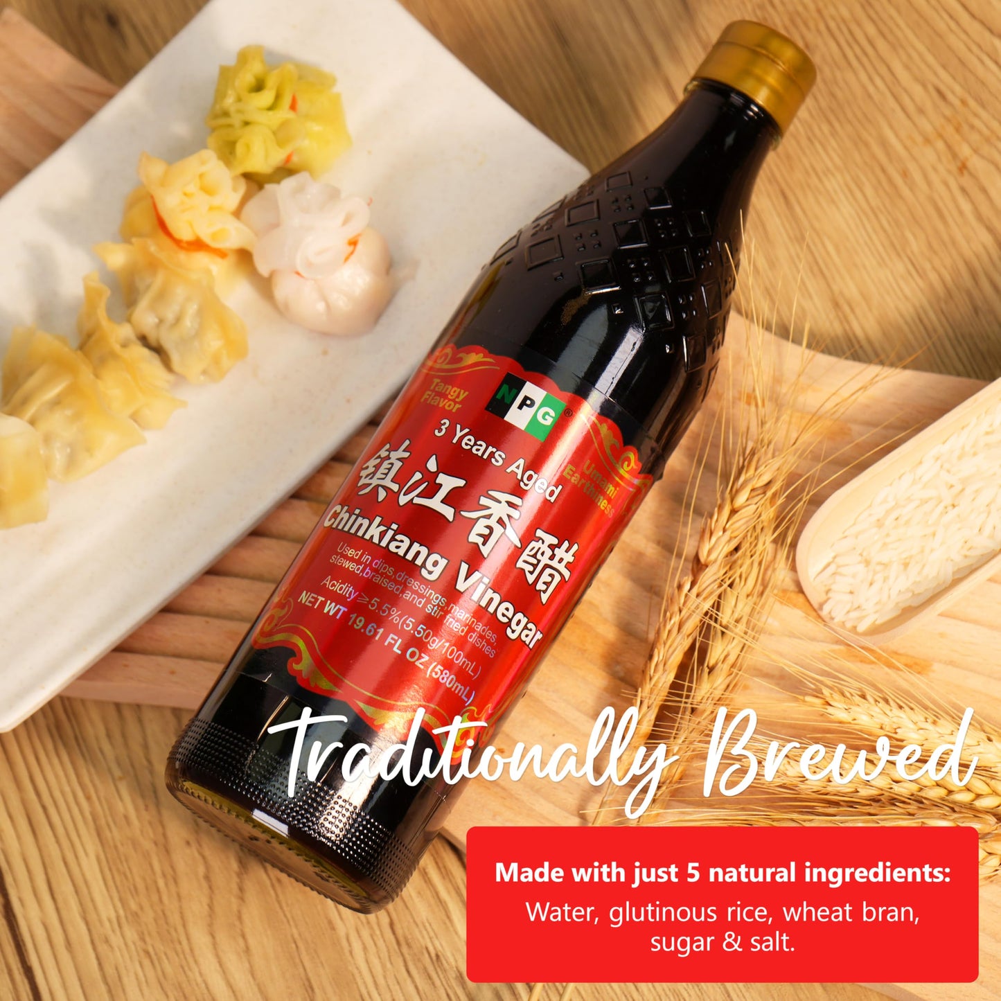 NPG Chinkiang Vinegar, 19.61 Fl Oz (580ml), Aged Chinese Black Rice Vinegar for Dumplings, Sushi, Salad, Marinade, Stir Fry
