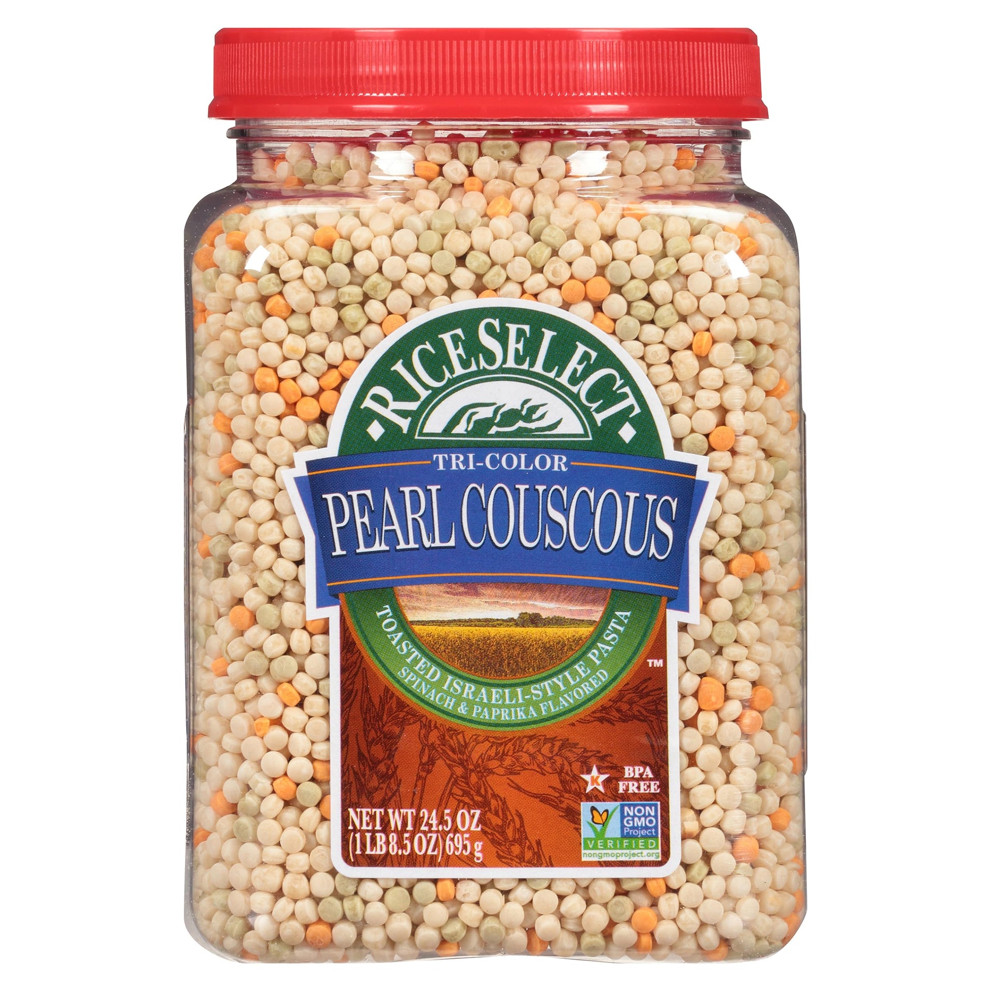 Riceselect Tri-Color Pearl Couscous, Toasted Israeli-Style Pasta, Spinach And Paprika Flavored, 24.5 Ounce Jar (Pack Of 1)