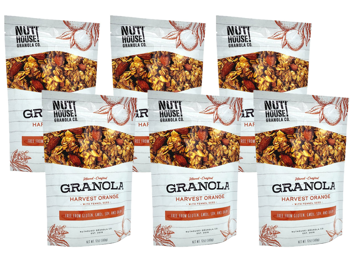 NutHouse! Granola Premium Harvest Orange Granola, Gluten-Free, Vegan, 12 oz. Bag (6-Pack)