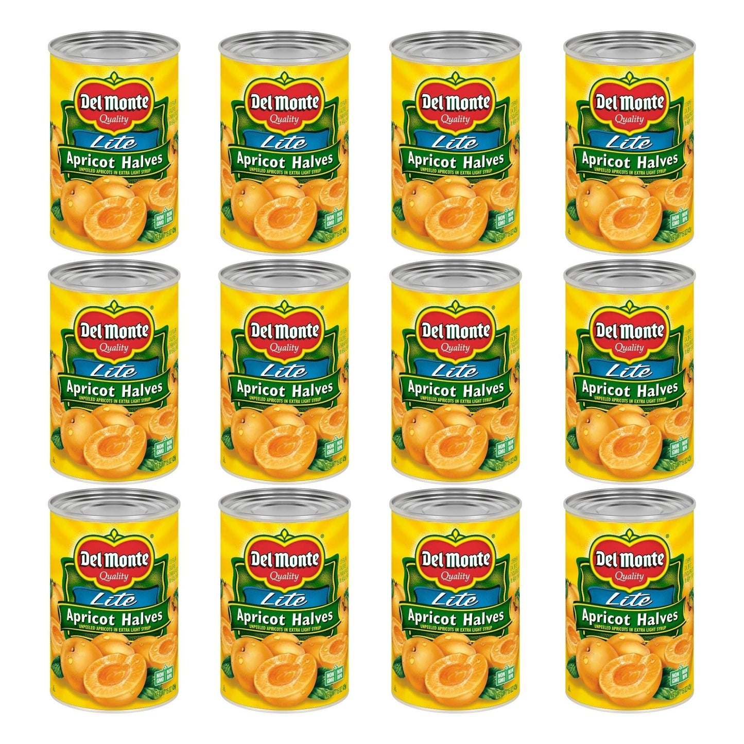 Del Monte Lite Apricot Halves in Extra Light Syrup, Canned Fruit, 15 oz Can (12 Pack)