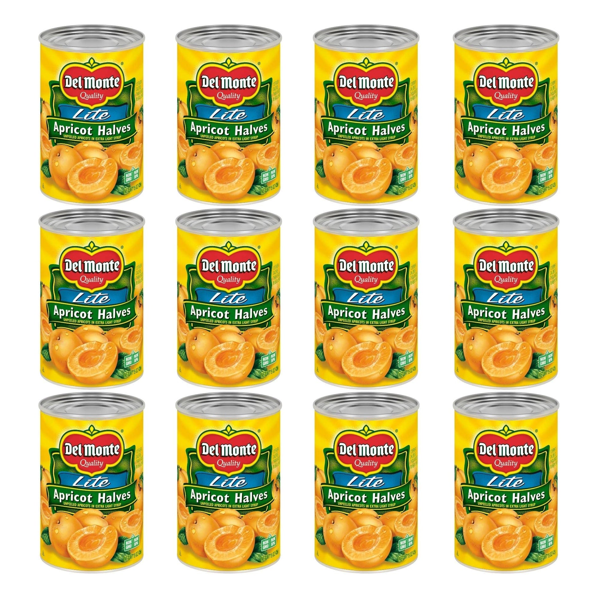 Del Monte Lite Apricot Halves in Extra Light Syrup, Canned Fruit, 15 oz Can (12 Pack)