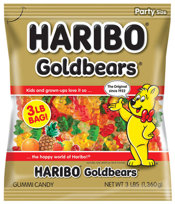 Haribo Gummi Candy, Original Goldbears Gummy Bears, 3 Pound Party Size Bag (Pack Of 4) Delicious Soft & Chewy Sweet Snacks, Assorted Fruity Flavors