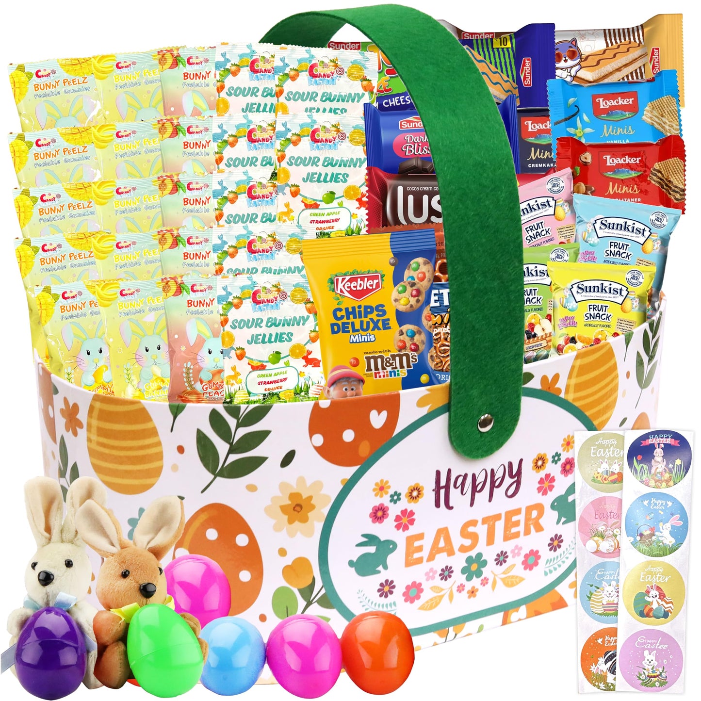 Easter Snack Basket (52 Count) Filled with Candy, Peelable Gummies, Treats, Bunny and More, Great Package for Family, Friends, K