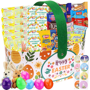 Easter Snack Basket (52 Count) Filled with Candy, Peelable Gummies, Treats, Bunny and More, Great Package for Family, Friends, K