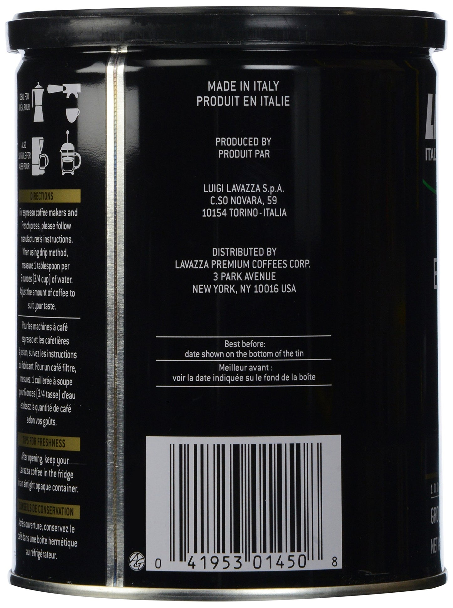Lavazza Caffe Espresso Ground Coffee, Medium Roast, 8 oz Can, Full Case of 12, Metal, Model 1450