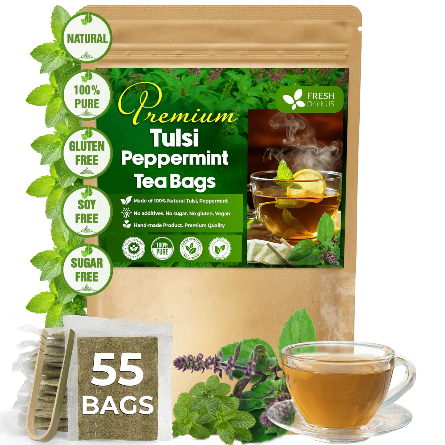 Freshdrinkus  Top-Grade Tulsi Peppermint Herbal Tea - 55 Tea Bags  100% Natural  Blend Of Tulsi Holy Basil Leaves  And Peppermint Leaves. Made With Natural Material Tea Bags. No Sugar  Vegan.