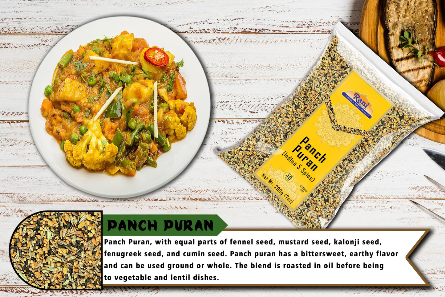 Rani Panch Puran (5 Spice) 7Oz (200G) ~ All Natural | Vegan | Gluten Friendly | Non-Gmo | Kosher | Indian Origin (Equal Blend Of Fenugreek, Mustard, Kalonji/Nigella, Fennel And Cumin)