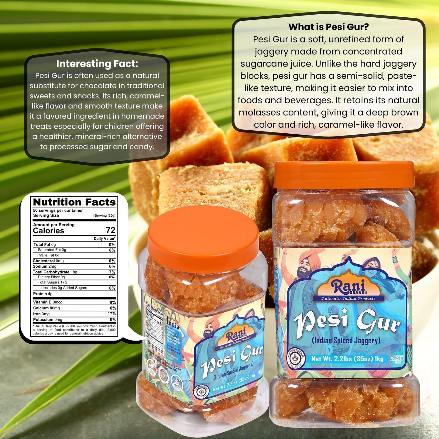 Rani Pesi Gur (Jaggery) Indian Unrefined Raw Cane Sugar 35oz (2.2lbs) 1kg PET Jar ~ Gluten Friendly | Vegan | NON-GMO | Kosher |