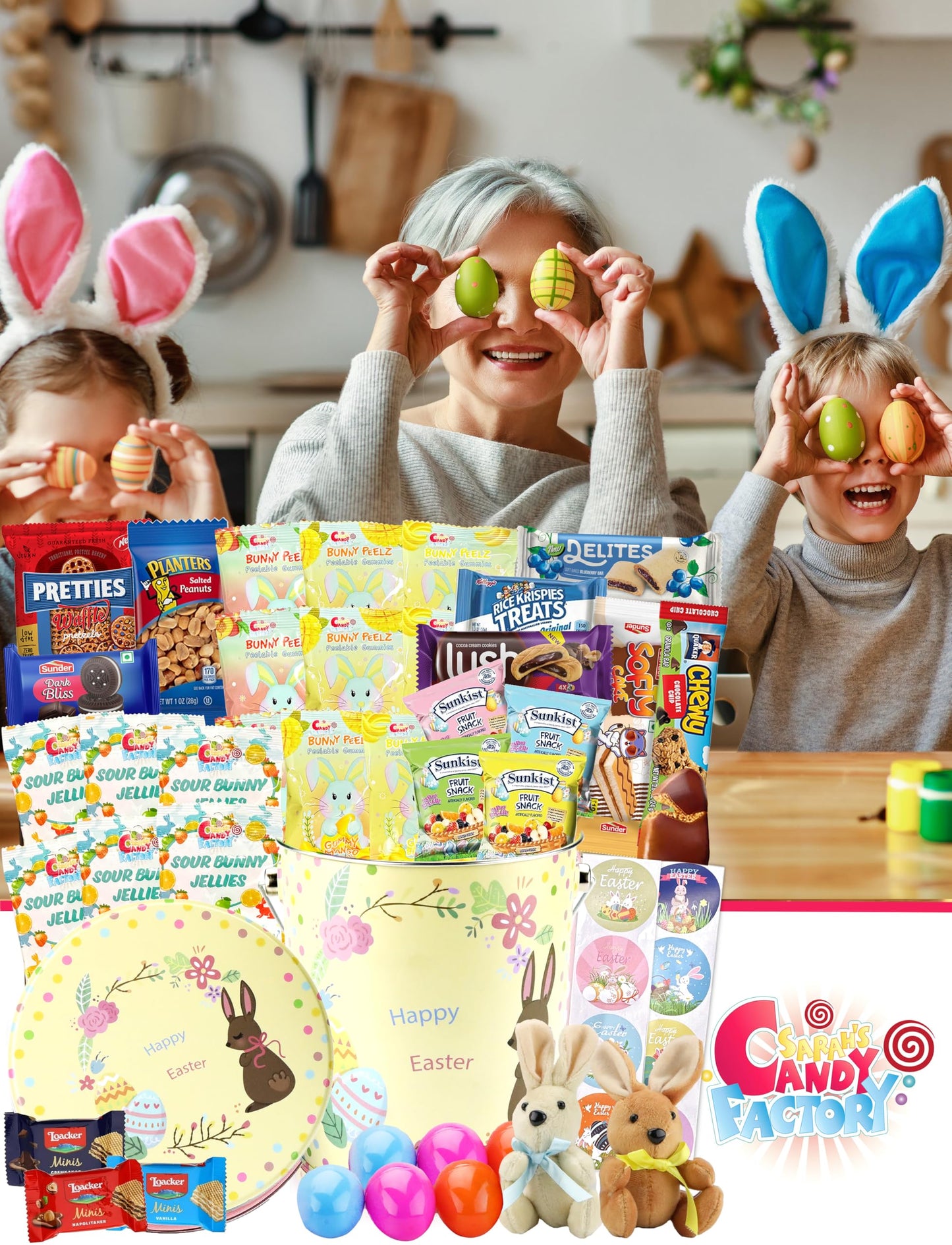 Easter Snack Yellow Tin (48 Count) Filled With Candy, Peelable Gummies,Bunny And More, Great Package For Family, Friends, Boys A