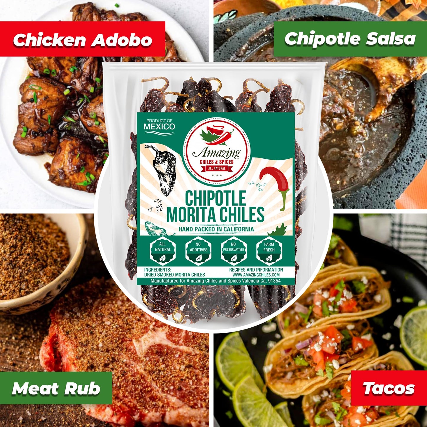 Amazing Chiles & Spices Dried Chipotle Morita Chile Peppers - Smokey Flavor, Medium to High Heat, 4 oz Resealable Bag