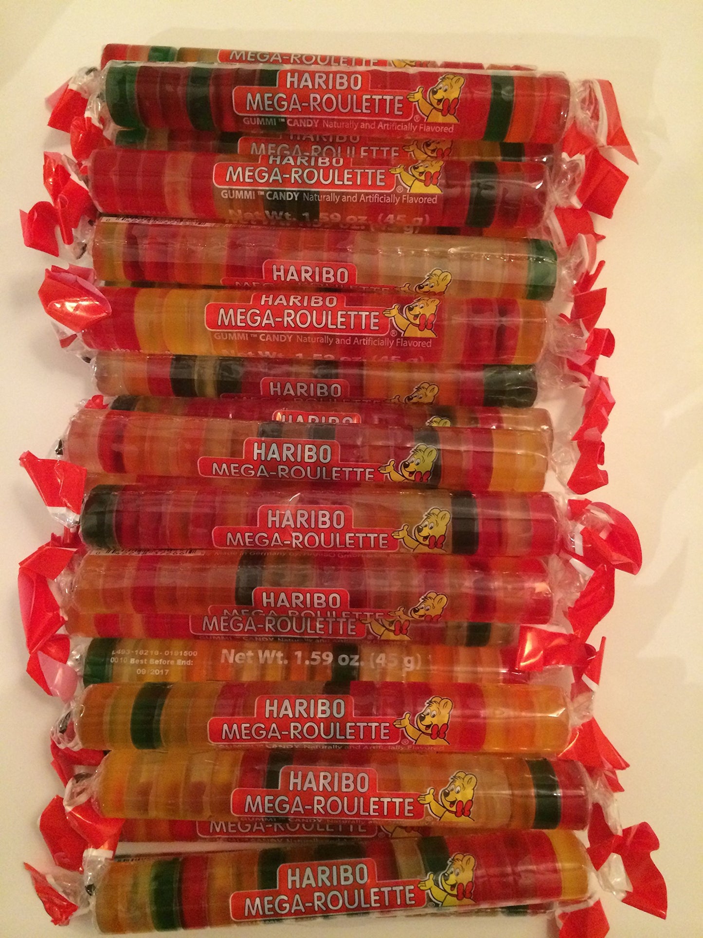 Haribo Gummy Candy Mega- card-style, Assorted Fruity Flavors, 1.59 Ounce Rolls, Pack of 24, Orange