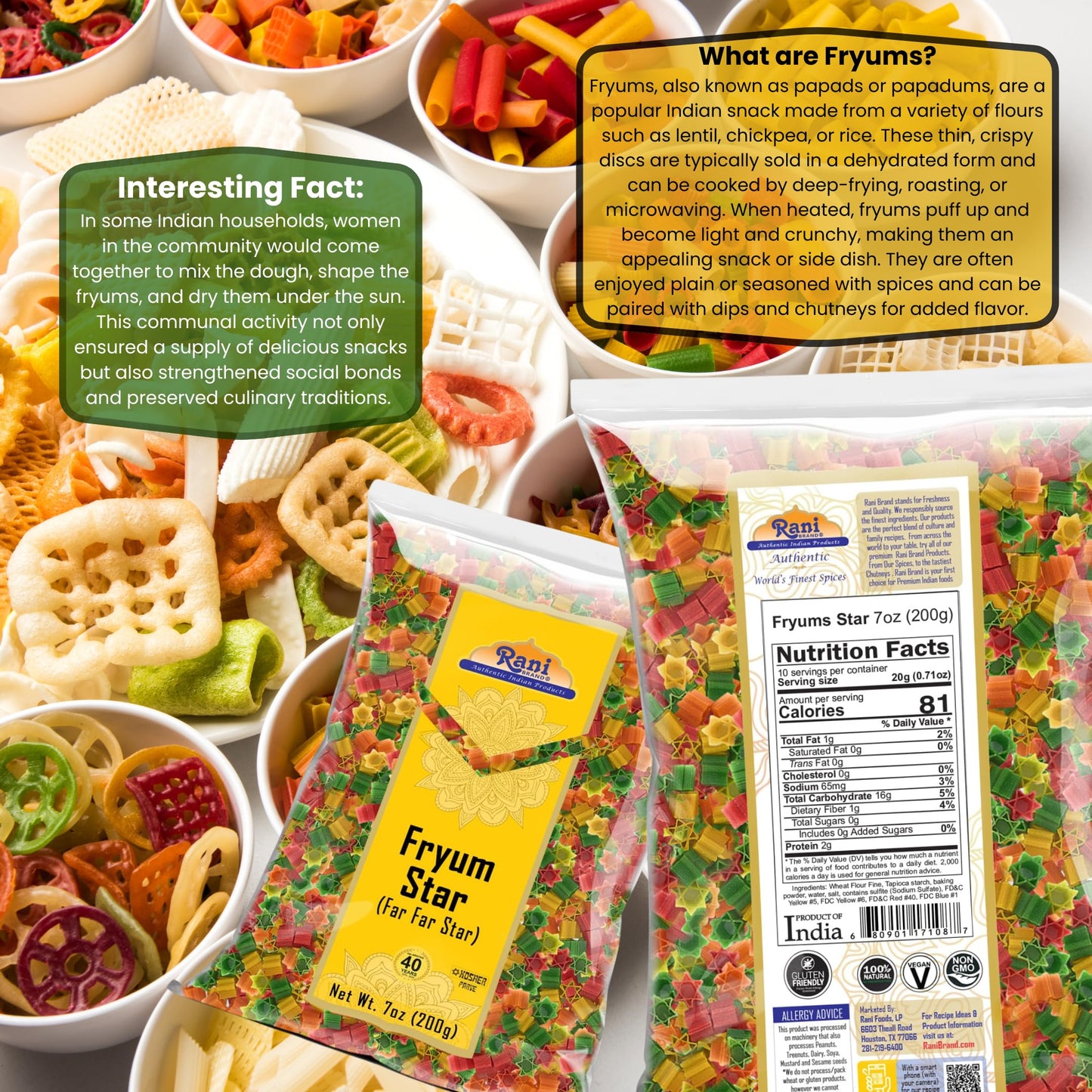 Rani Fryums Star Shape 7oz (200g) - Vegan, Kosher, Uncooked Wheat & Tapioca Snack