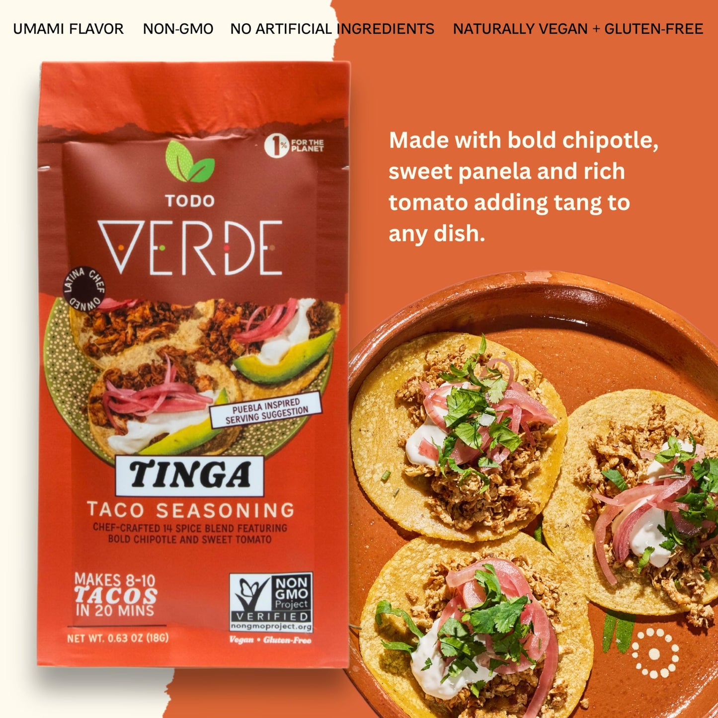 Tinga Healthy Taco Seasoning Packets - Mexican Seasoning Mix | Chef Curated Taco Blends With Red Miso & Black Garlic | Vegan, Gluten Free, Preservative Free (6 Pack)