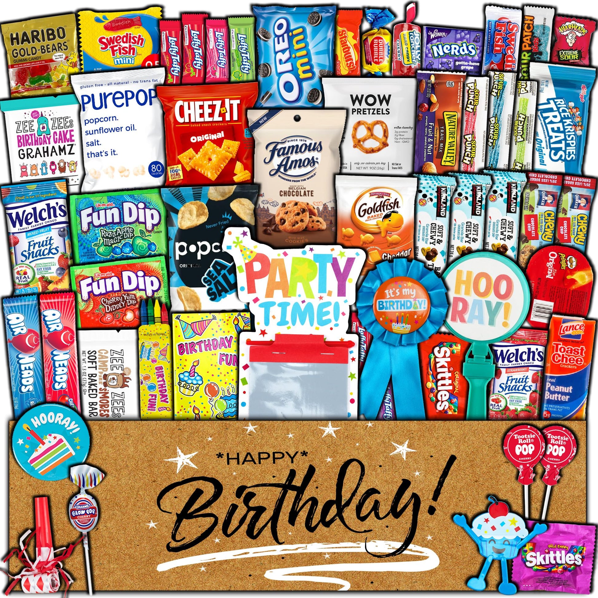 Birthday Celebration Care Package (50 Count) Snacks Food Cookies Bar Chips Candy Party Variety Gift Box Pack Assortment Basket B