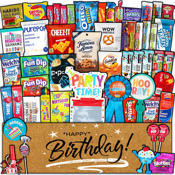 Birthday Celebration Care Package (50 Count) Snacks Food Cookies Bar Chips Candy Party Variety Gift Box Pack Assortment Basket B