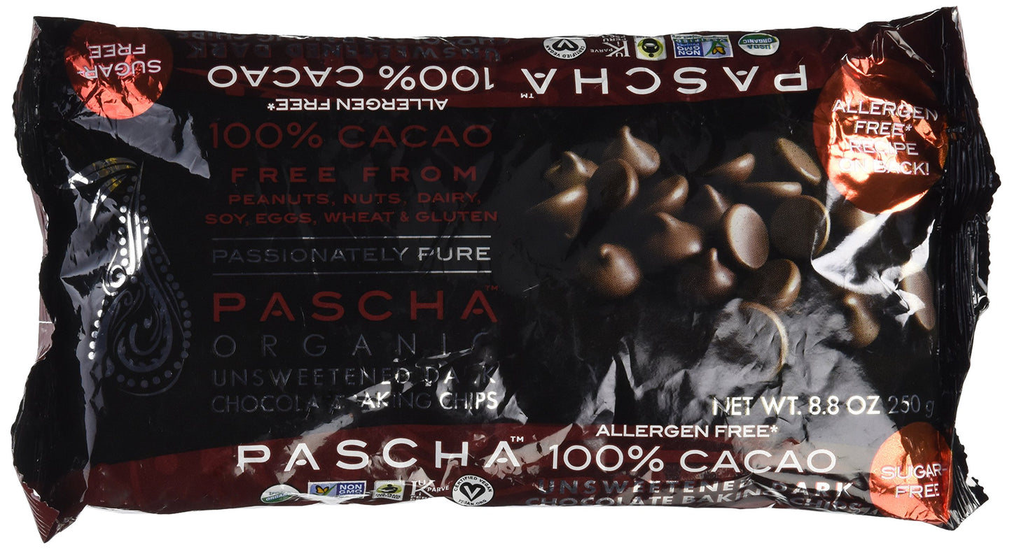 Pascha Organic Unsweetned 100% Dark Chocolate Chips, 8.75 Oz- 6 Pack