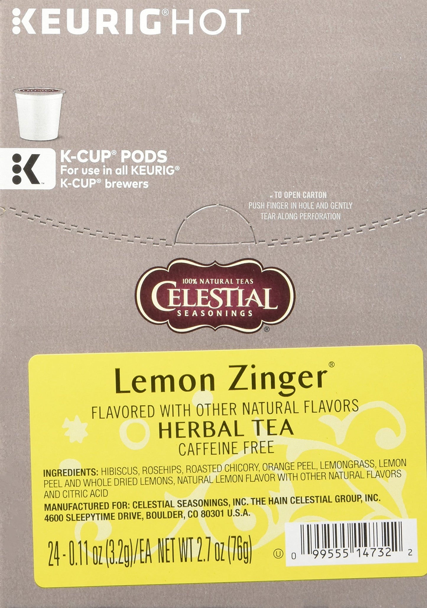 Celestial Seasonings Lemon Zinger Herbal Tea K-Cup Pods, 24 Count, Model 74-14732