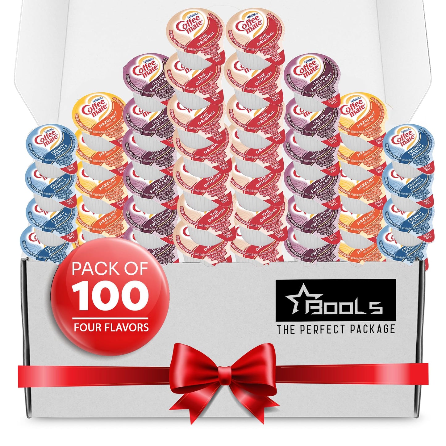 Coffee Creamer Singles Variety Gift Pack 4 Flavors 100 Count, Original, French Vanila, Hazelnut, Italian Sweet Creme 4 Flavor Assortment Packs S For Home, Office, Coffee, Bar, Gift