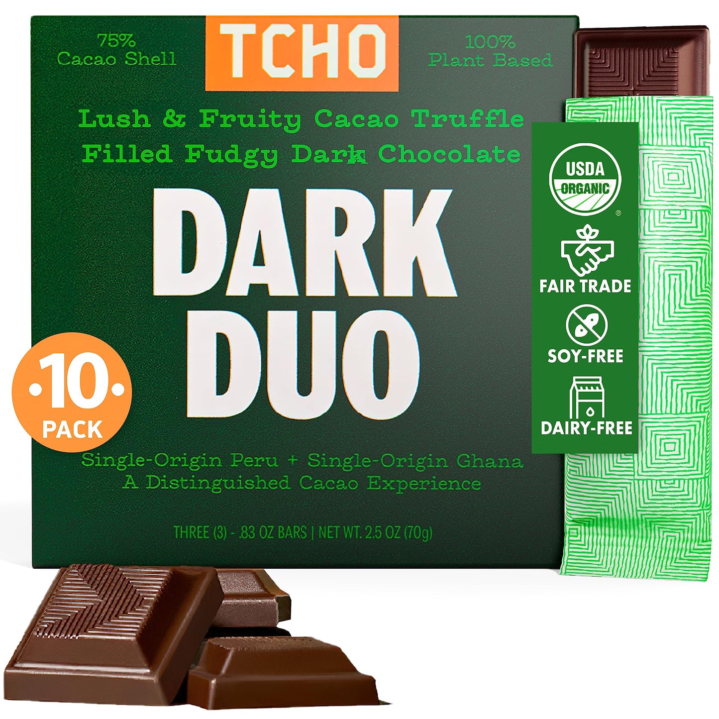 Tcho Dark Duo 75% Dark Chocolate Bars (10 Pack) | Plant Based  Organic & Fair Trade  | Non Gmo  Non-Dairy  Vegan Chocolate  Soy Free (2.5Oz Each)