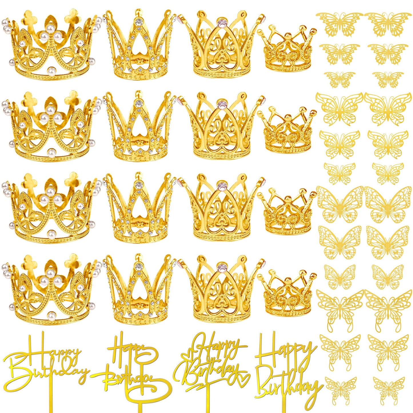44 Pcs Gold Crown Cake Decoration 16 Pcs Mini Crown Tiny Crown With 24 Pcs Butterfly Wall Decors And 4 Pcs Birthday Cake Topper