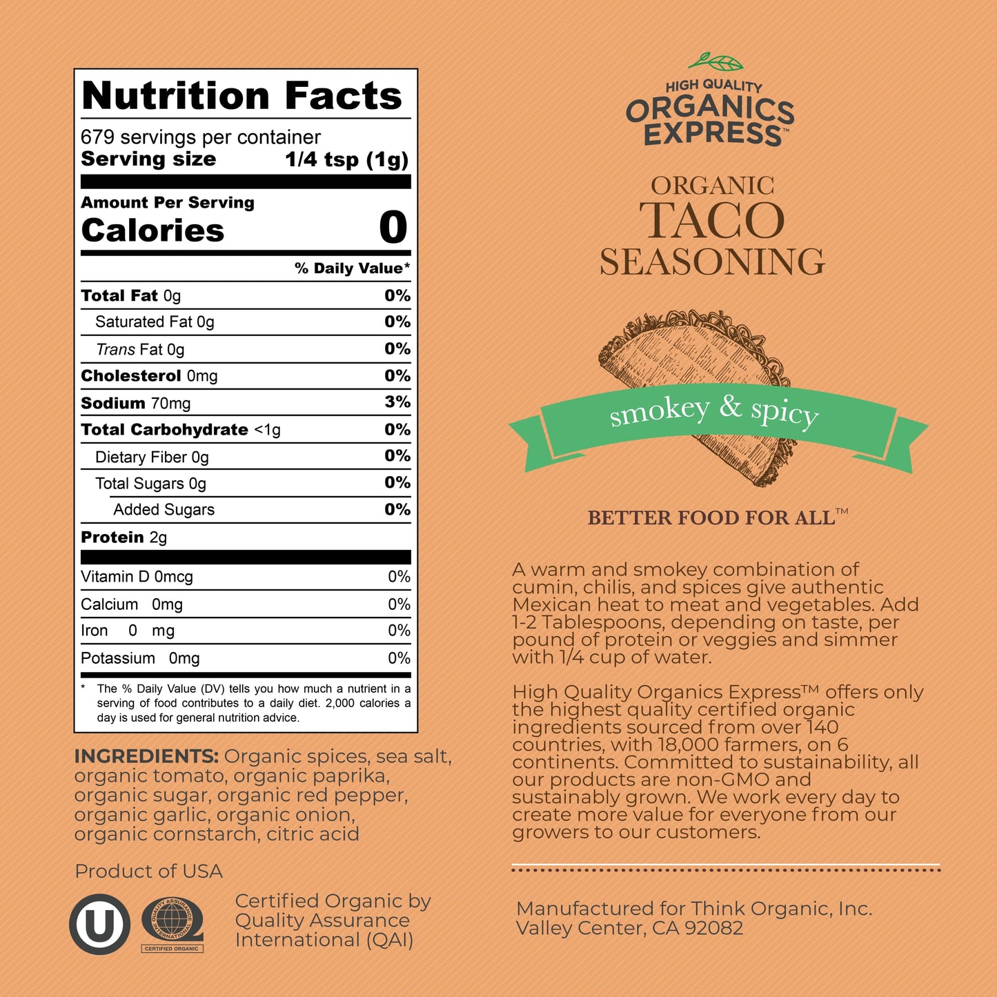 HqO Organic Taco Seasoning - Non-GMO, Kosher Spice Blend with Paprika & Garlic, 24 oz Chef Jar