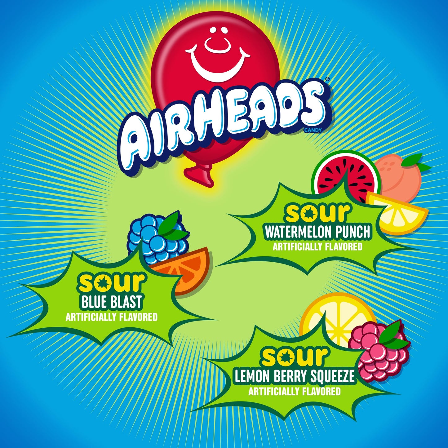 Airheads Mini Sours Candy Bars, Sour Watermelon Punch, Blue Blast, And Lemon Berry Squeeze 12Oz Variety Bag