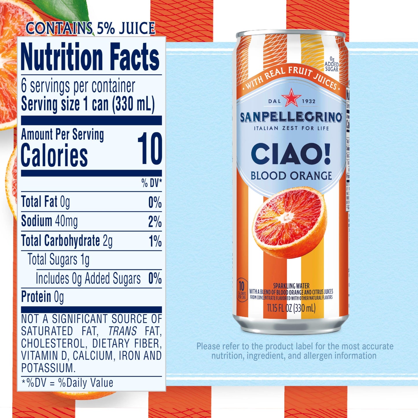 Sanpellegrino CIAO Blood Orange Sparkling Water, Low-Calorie Italian Sparkling Water with Real Fruit Juices, 0g Added Sugar, 6-P