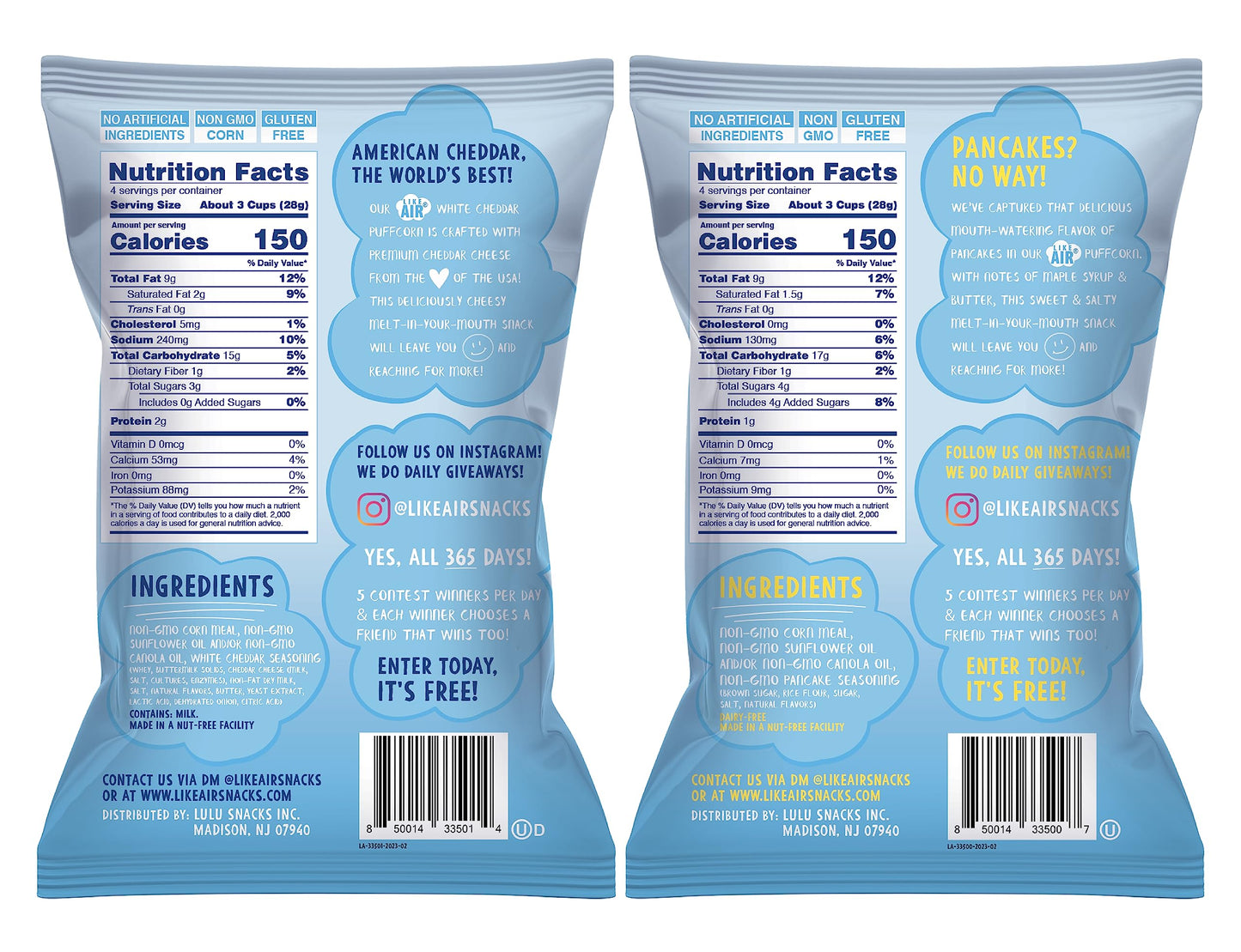 Like Air Puffcorn (Combo Pack: Cheddar & Pancake) | 2 4oz Bags | 50 Calories Per Cup | Gluten Free | Nothing Artificial
