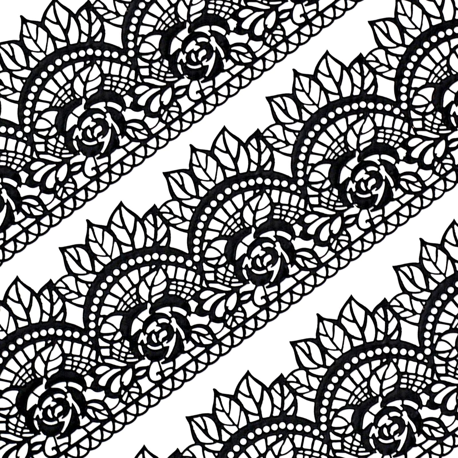 Large Pre-Made Ready To Use Edible Cake Lace Rose Scallop Black 14-Inch 10-Piece Set