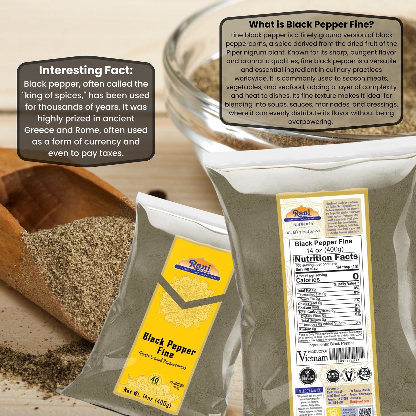 Rani Black Pepper Fine Powder, 80 Mesh, 14Oz (400G) ~ 100% Natural | Vegan | Gluten Friendly | Non-Gmo | Kosher | Product Of Vie
