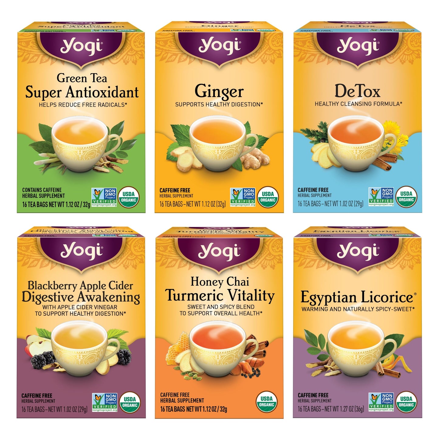 Yogi Tea Variety Pack Sampler - 6 Pack of 96 Tea Bags - Green Tea, Ginger, DeTox, Blackberry Apple Cider, Honey Chai, Egyptian Licorice