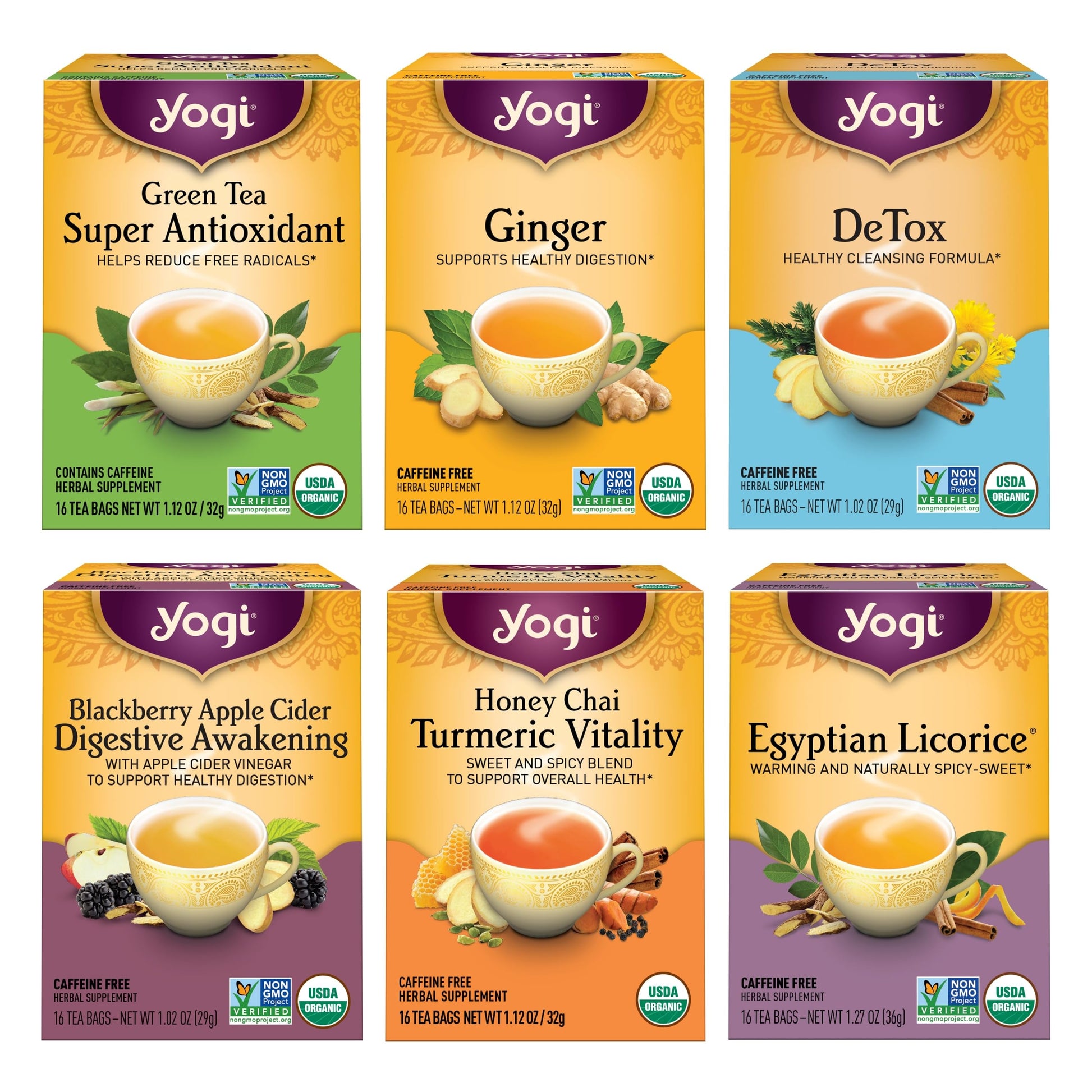 Yogi Tea Variety Pack Sampler - 6 Pack of 96 Tea Bags - Green Tea, Ginger, DeTox, Blackberry Apple Cider, Honey Chai, Egyptian Licorice