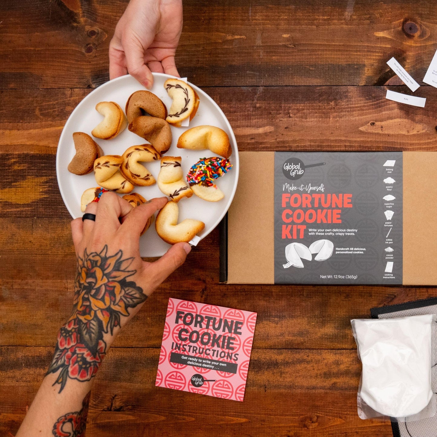 Global Grub Diy Fortune Cookie Kit - Personalized Fortune Cookies Kit Includes Pastry Flour, Sugar, Cocoa Powder, Baking Mat, Paper Fortunes, Edible Ink Pen, Step-By-Step Instructions. Makes 48.