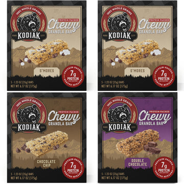 Kodiak Cakes Chewy Granola Protein Snack Bars Variety Pack, S'Mores, Chocolate Chip, Double Chocolate, High Protein, 100% Whole Grains, Pack Of 4 (20 Bars Total)