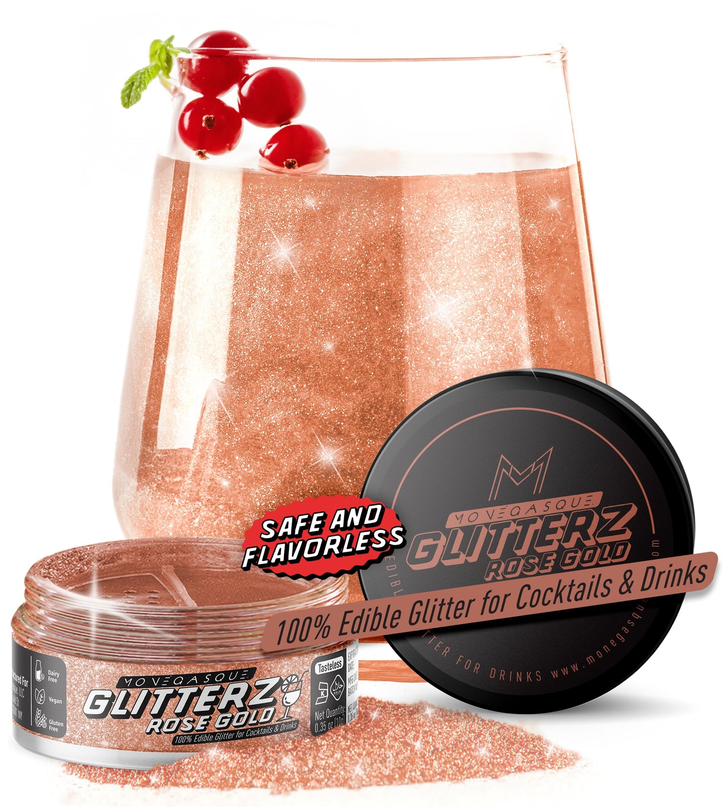 MONÉGASQUE Edible Glitter for Cocktails, 10g Rose Gold Food Coloring, Drink Glitter