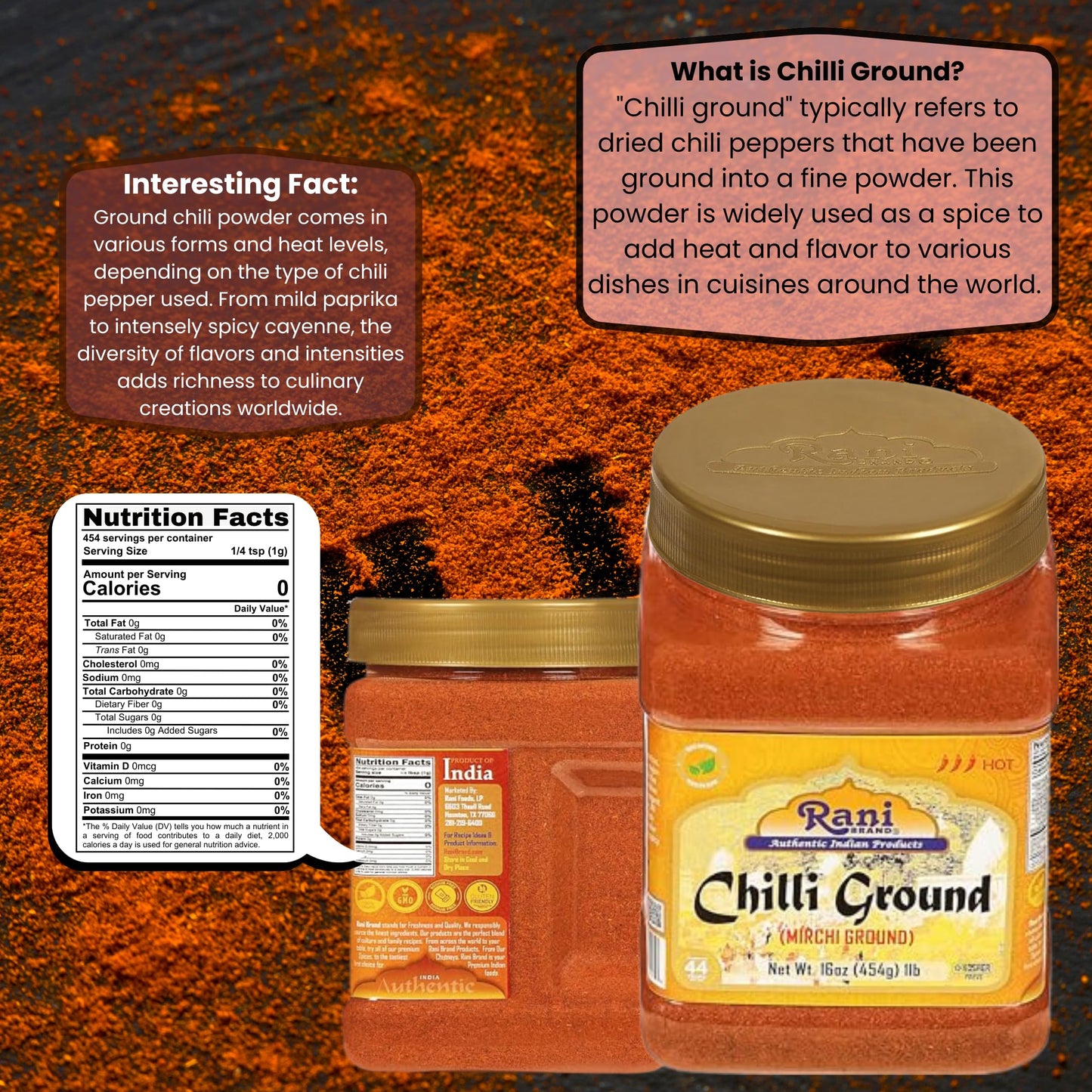 Rani Chilli Powder (Mirchi) Ground Indian Spice 16Oz (1Lb) 454G Pet Jar ~ All Natural | Salt-Free | Vegan | No Colors | Gluten F