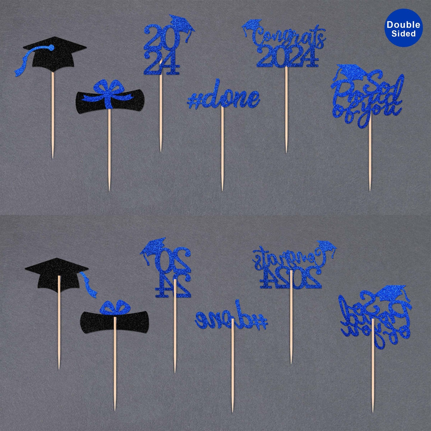 Gexolenu 36 Pcs Class Of 2024 Graduation Cupcake Toppers, Blue Glitter Double-Sided Grad Cap Cake Toppers For Graduation Party S