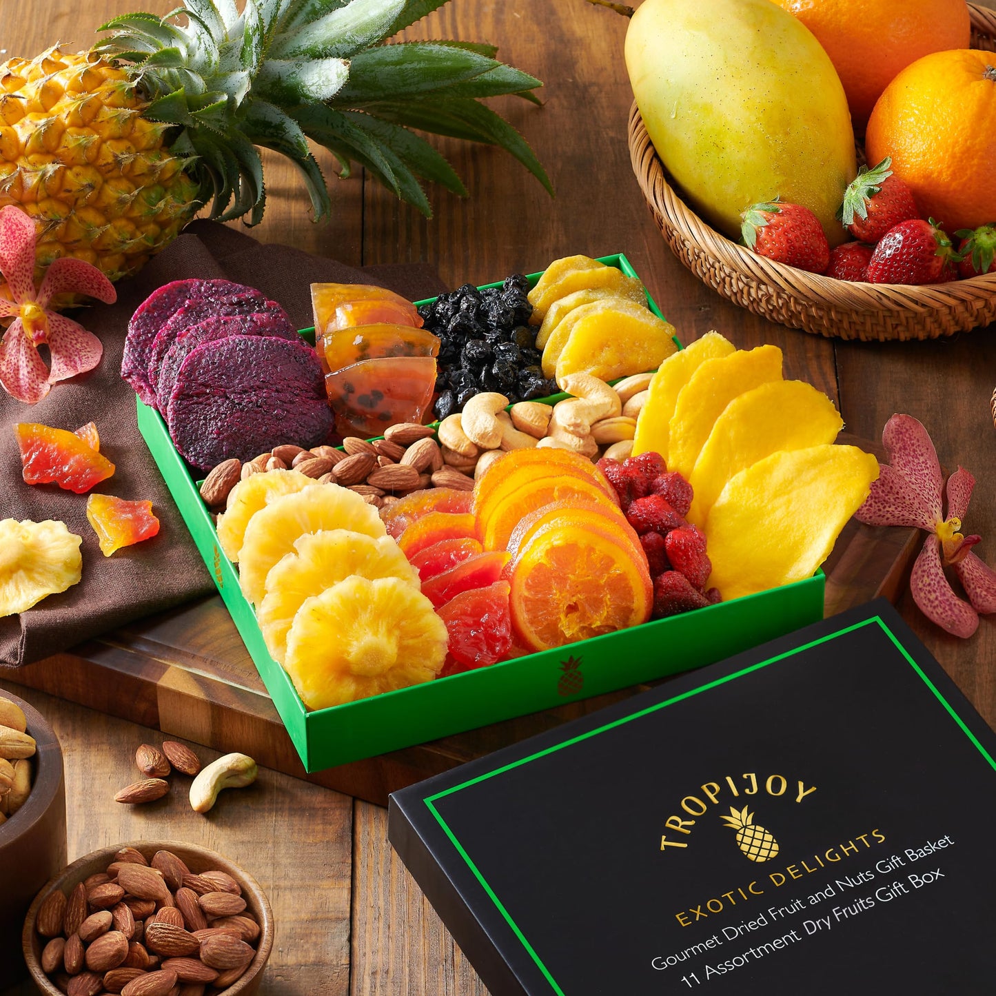 TropiJoy Dried Fruit Basket Gift - 11 Tropical Flavors, 20oz Soft Dry Fruits Box, Ideal Thanksgiving & Christmas Gifts for Family & Coworkers