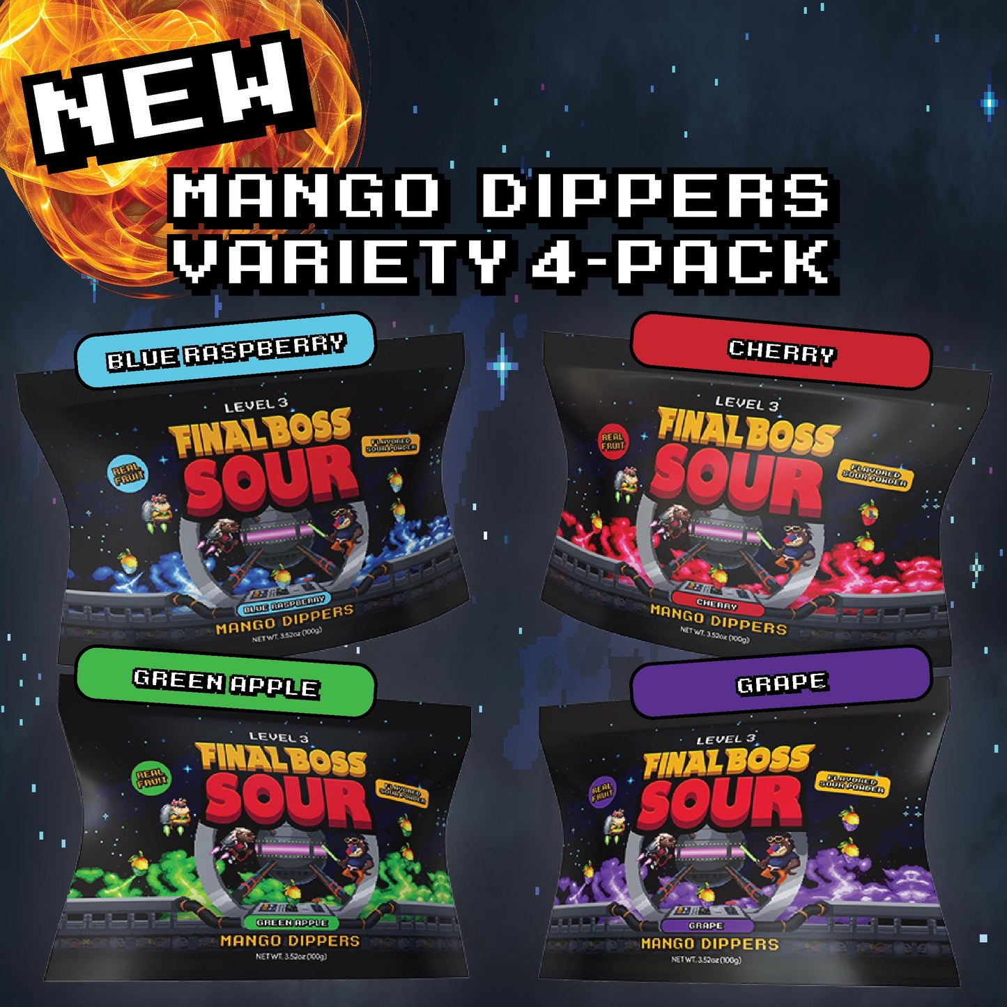 Final Boss Sour, Fun Dip, Extreme Super Sour Powder With Real Candy-Tasting Dried Mangoes, (3.5 Ounces Bag, Pack Of 4) - Vintage