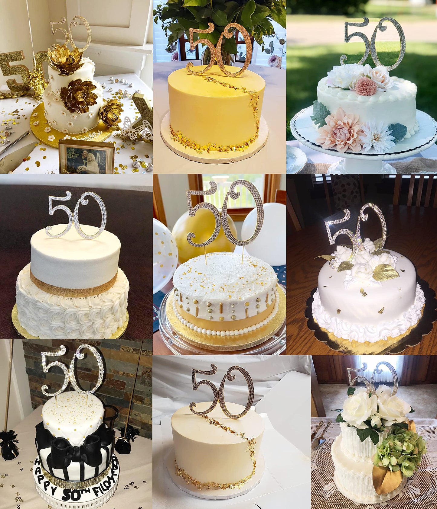 Honbay 50th Birthday Cake Topper, Sparkly Bling Alloy Crystal Rhinestones, Gold