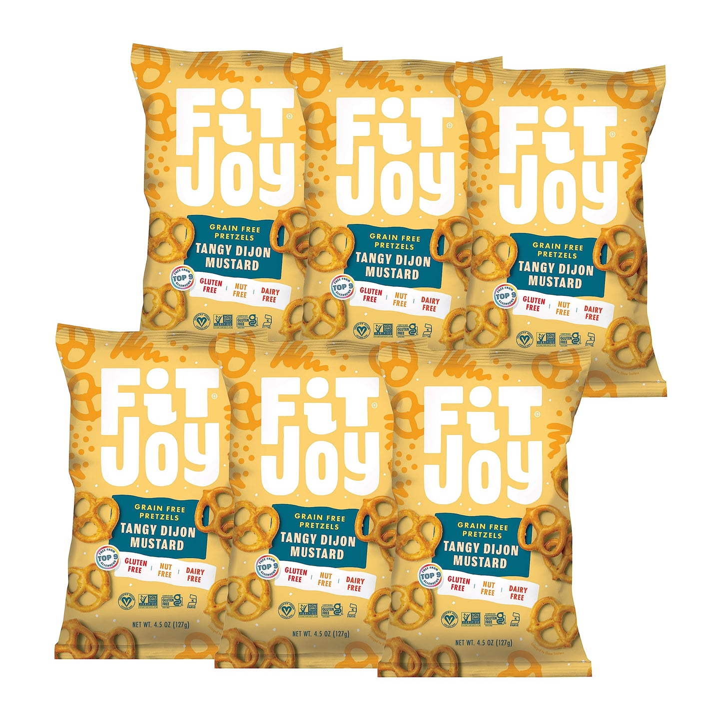 FitJoy Tangy Dijon Mustard Pretzels (Pack of 6, 4.5 Oz) - Dairy, Nut & Gluten Free Snacks - Grain Free Cassava Root & Chickpea F