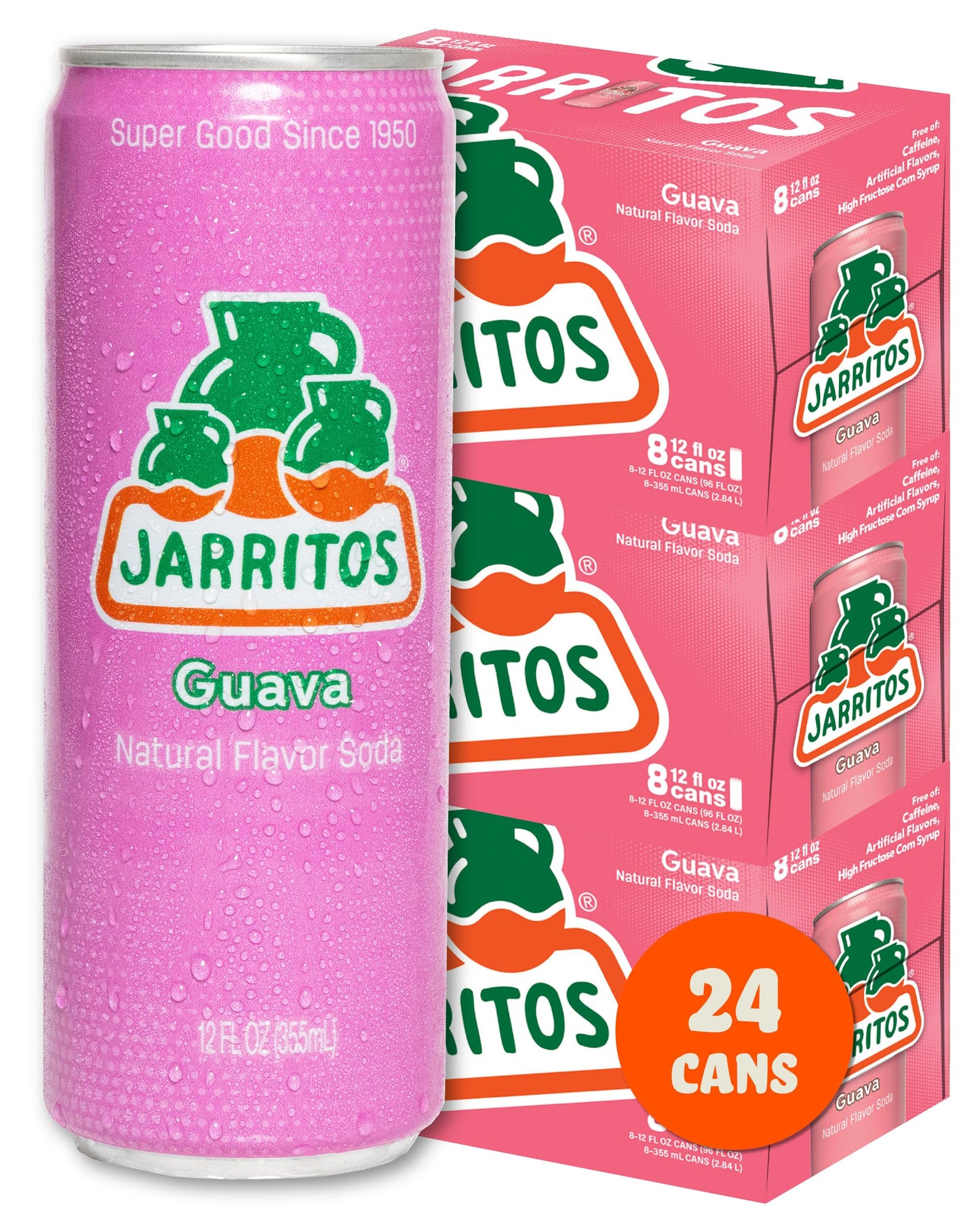 Jarritos - Mexican Soda Soft Drinks  Guava (12 oz  355ml) 24 Cans (3 Boxes of 8) - Made with Real Cane Sugar - 0g Fat - Made in Mexico - Natural Flavor Soda Pop - Party & BBQ Beverages