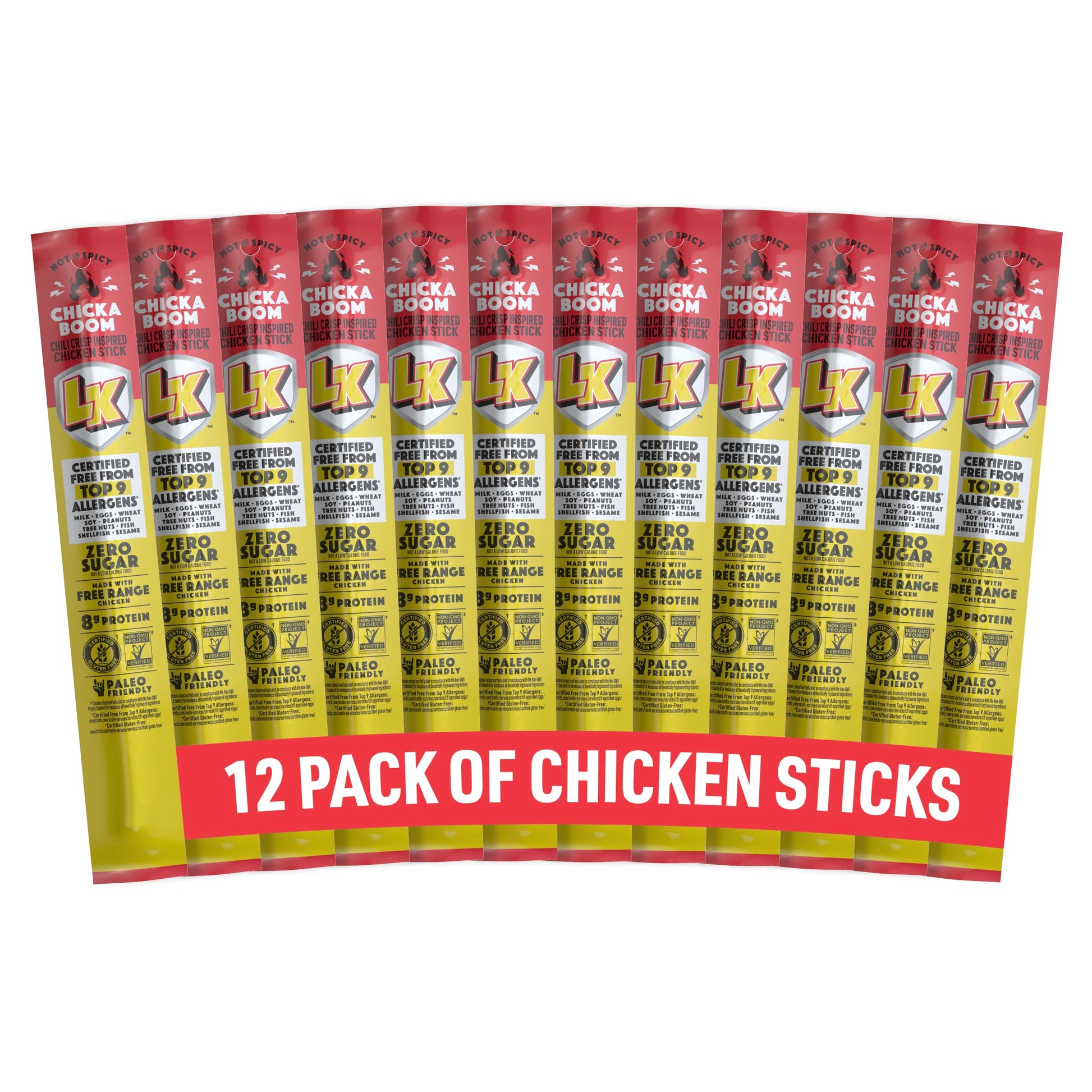 Lorissas Kitchen Chicken Jerky Snack Sticks, 12-Pack, Chicka Boom Chicken Flavor, 8g Protein, Gluten-Free, Non-GMO, Keto, Paleo
