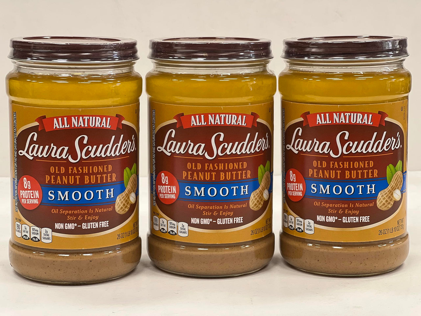 Laura Scudders Old Fashioned Natural Smooth Peanut Butter, 26-Ounce Glass Jars (Pack of 3)