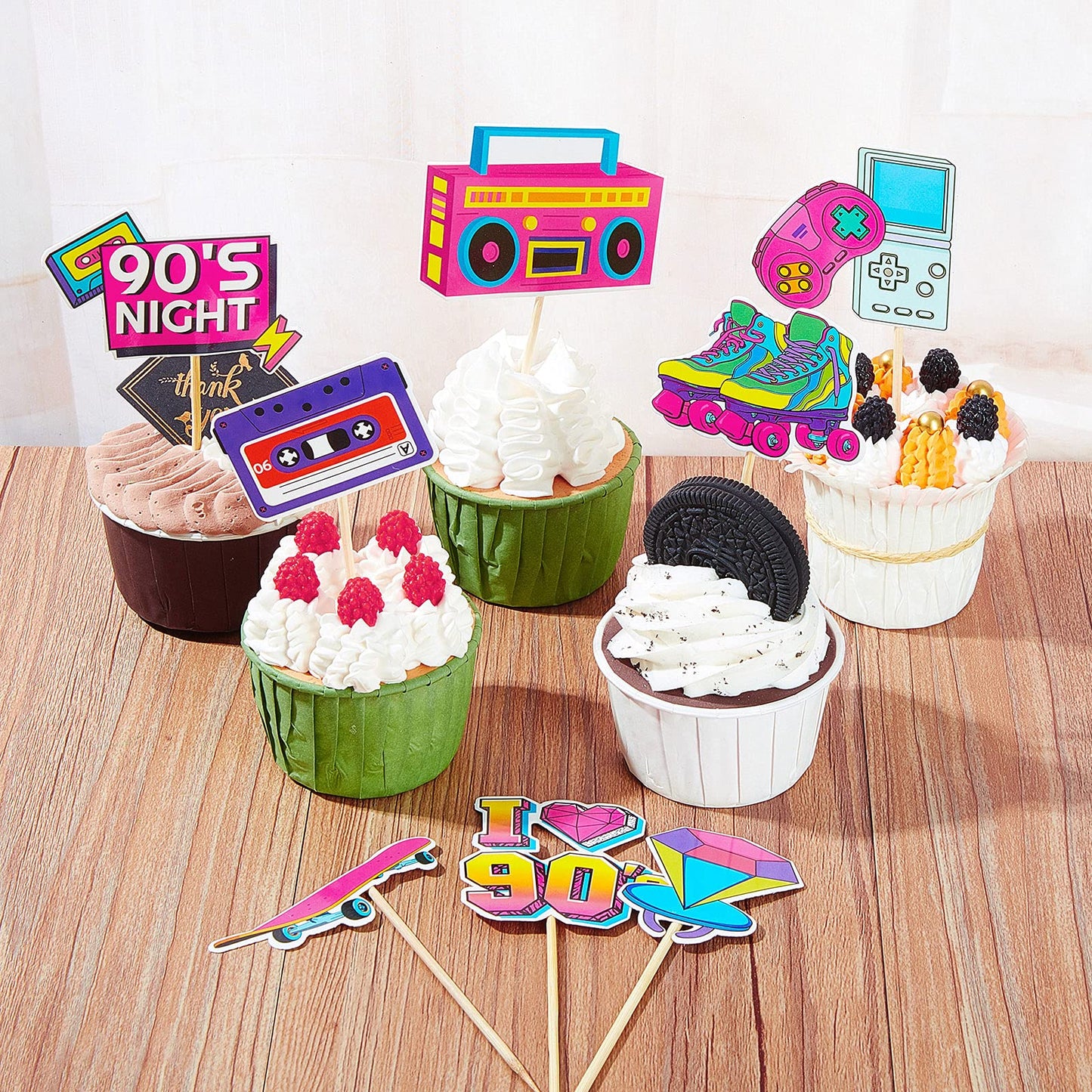 41 Pieces 90'S Retro Theme Cupcake Toppers 90'S Birthday Party Cake Toppers 90'S Retro Party Cake Dessert Diy Decoration For Bir